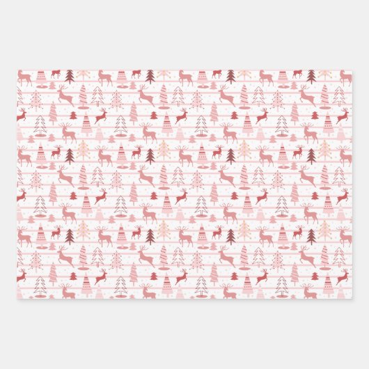 Roze en rode rendieren en kerstbomen inpakpapier vel (Voorkant 3)