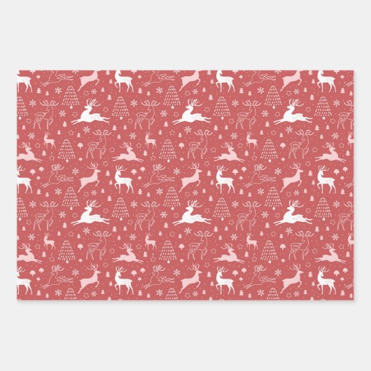 Roze en rode rendieren en kerstbomen inpakpapier vel (Voorkant)