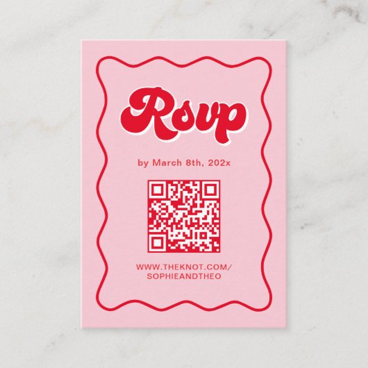 Roze en rode Retro bruiloft RSVP QR-code Informatiekaartje (Voorkant)