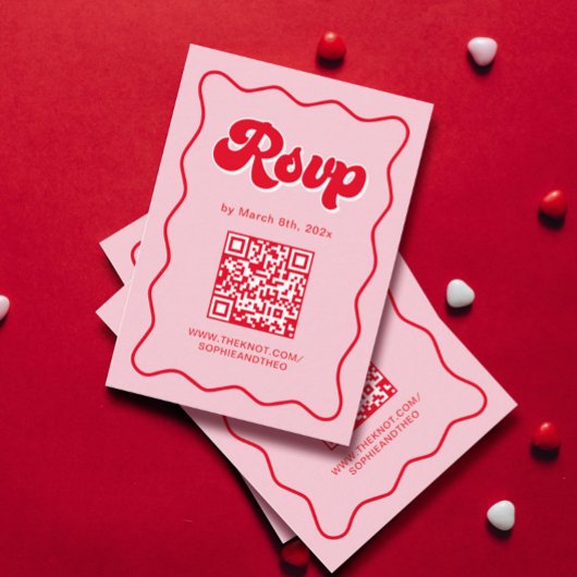 Roze en rode Retro bruiloft RSVP QR-code Informatiekaartje