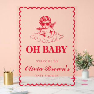 Roze en Rode Retro Cherub Baby Shower Acryl Bord
