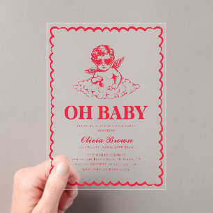 Roze en Rode Retro Cherub Baby Shower Acryl Uitnodigingen