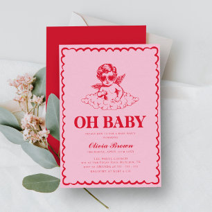 Roze en rode Retro Cherub Baby shower Kaart