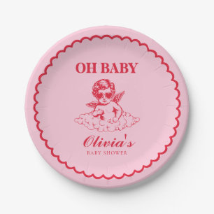 Roze en Rode Retro Cherub Baby Shower Papieren Bordje