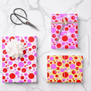 Roze en Rode Retro Cirkels en Stippen Inpakpapier Vel