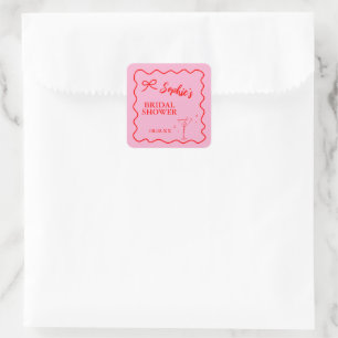 Roze en rode Retro Golvende Bruidsdouche Martini Vierkante Sticker