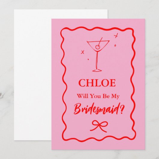 Roze en rode retro golvende bruidsmeisje voorstel kaart (Voorkant / Achterkant)