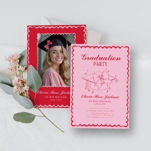 Roze en Rode Retro Hand getekend Foto Afstuderen Kaart