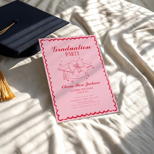 Roze en Rode Retro Hand getekend Foto Afstuderen Kaart