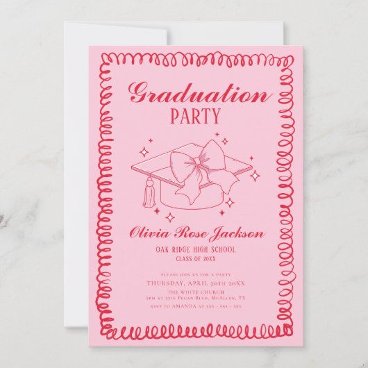 Roze en rode retro hand getrokken afstudeerfeest kaart (Voorkant)