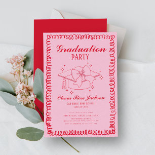 Roze en rode retro hand getrokken afstudeerfeest kaart