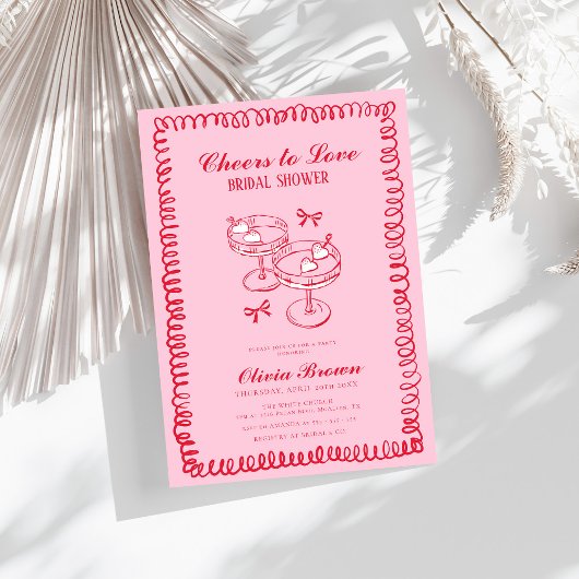 Roze en Rode Retro Hand getrokken Vrijgezellenfees Kaart