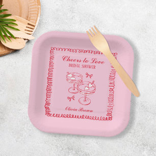 Roze en Rode Retro Hand getrokken Vrijgezellenfees Papieren Bordje