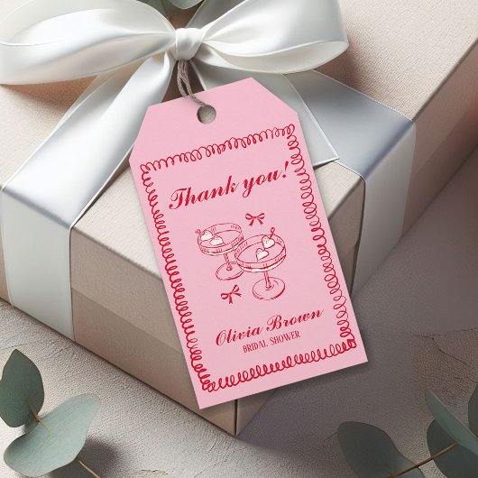 Roze en Rode Retro Met de Hand Getekende Bruidsdou Cadeaulabel