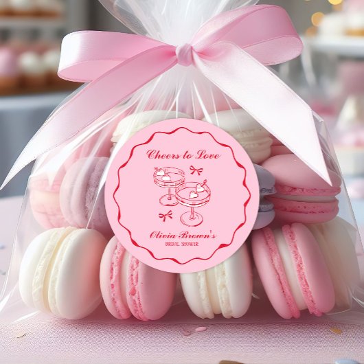 Roze en Rode Retro Met de Hand Getekende Bruidsdou Ronde Sticker