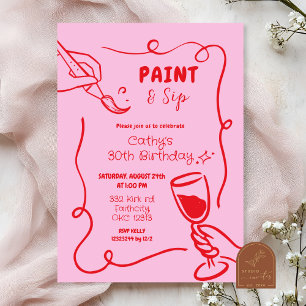 Roze en Rode Retro  Paint en Sip Verjaardag Kaart