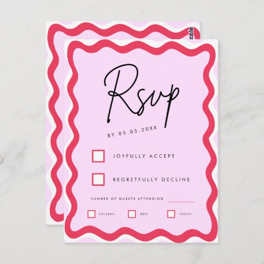 Roze en rode Retro Wavy Border Stylish RSVP Briefkaart (Voorkant / Achterkant)