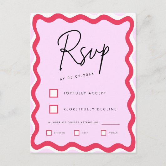 Roze en rode Retro Wavy Border Stylish RSVP Briefkaart (Voorkant)