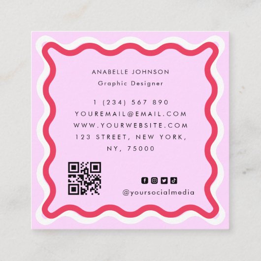 Roze en Rode Retro Wavy Lijst Moderne Manuscript N Vierkante Visitekaartje (Achterkant)