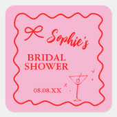 Roze en rode Retro Wavy Vrijgezellenfeest Martini Vierkante Sticker (Voorkant)