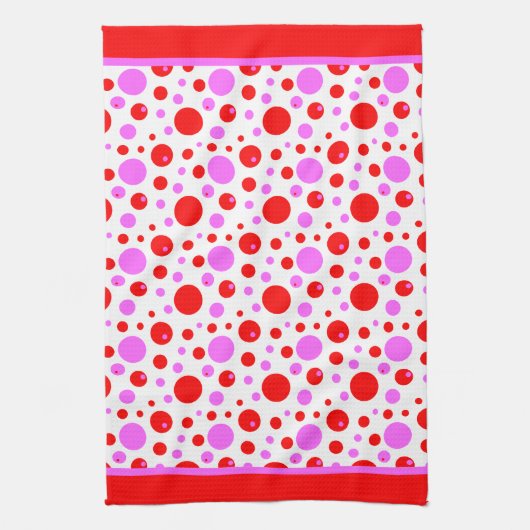 Roze en rode retroscellen en pooldots theedoek (Verticaal)