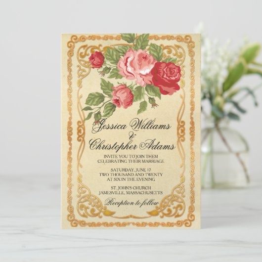  roze en rode roodroodroodbruine uitnodiging (Staand voorkant)