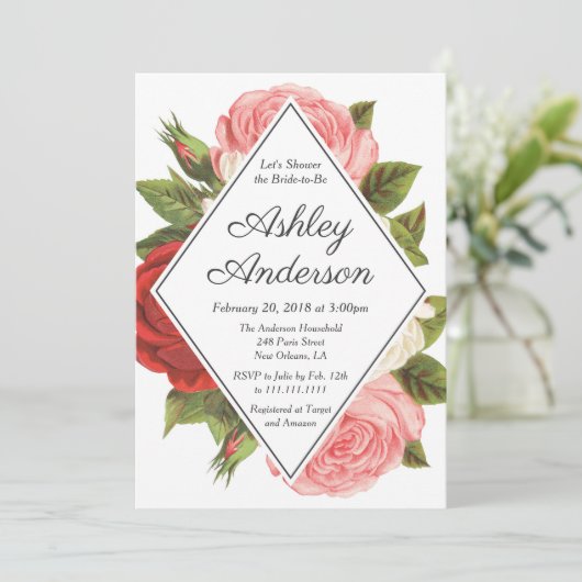 Roze en Rode Roos Bruids Douche Uitnodiging (Staand voorkant)