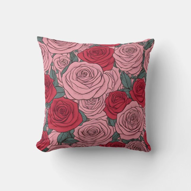 Roze en rode rozen bloemmotief kussen (Voorkant)