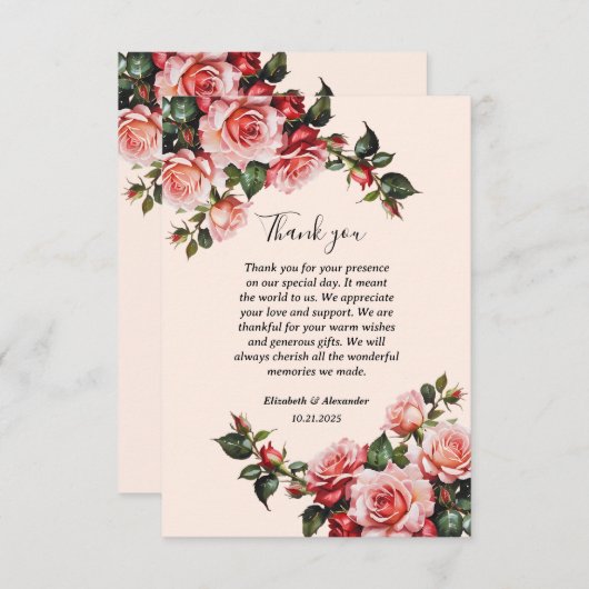 roze en rode rozen bruiloft bedankkaart (Voorkant / Achterkant)