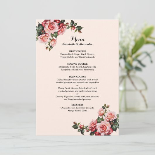  roze en rode rozen bruiloft menu (Staand voorkant)