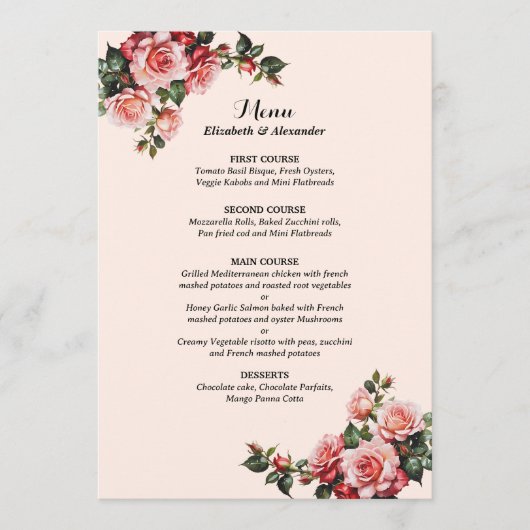 roze en rode rozen bruiloft menu (Voorkant)