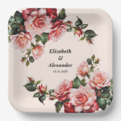  roze en rode rozen bruiloft papieren bordje (Voorkant)