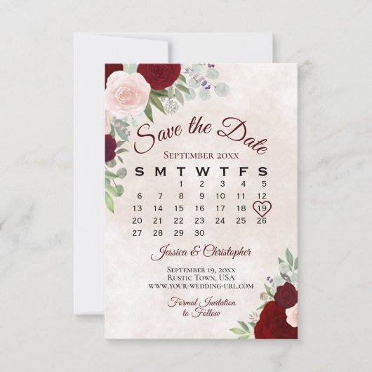 Roze en rode rozen Elegant Boho Wedding Calendar Save The Date (Voorkant)