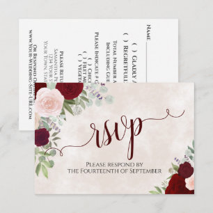 Roze en rode rozen Elegant Calligraphy Wedding RSVP Kaartje