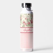 Roze en rode rozen en Gingham Check Monogrammen Waterfles (Links)