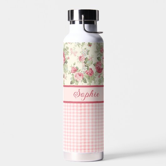 Roze en rode rozen en Gingham Check Monogrammen Waterfles (Links)