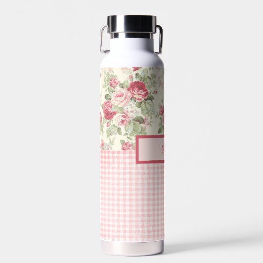 Roze en rode rozen en Gingham Check Monogrammen Waterfles (Voorkant)