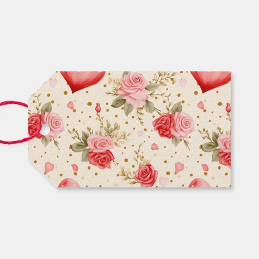 Roze en rode rozen en harten van valentijns cadeaulabel (Achterkant Horizontaal)