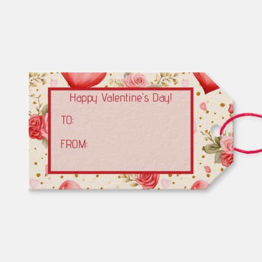 Roze en rode rozen en harten van valentijns cadeaulabel (Voorkant (Horizontaal))