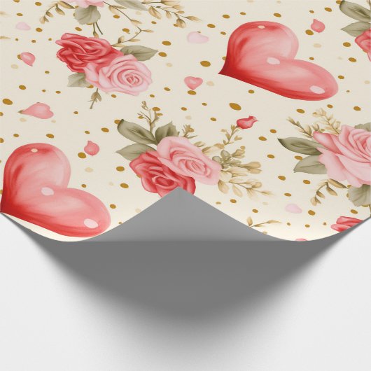 Roze en rode rozen en harten van valentijns cadeaupapier (Hoek)