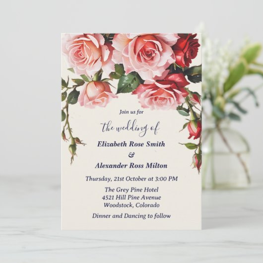 roze en rode rozen huwelijksuitnodiging kaart (Staand voorkant)