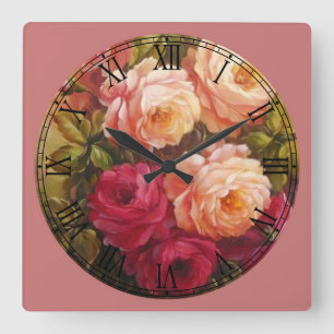 Roze en rode rozen - Romeinse cijfers Vierkante Klok