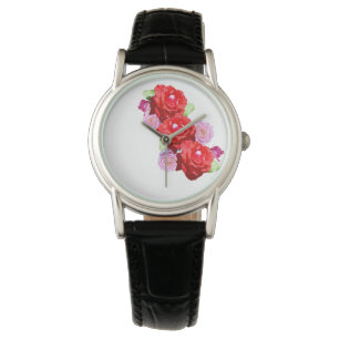 Roze en rode rozenbolletje, dames leder horloge