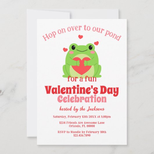 Roze en rode Schattigee Frog Valentijnsdag Party Kaart (Voorkant)