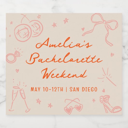 Roze en Rode Schets Bachelorette Weekend Sparkling Wijnetiket (Enkel label)