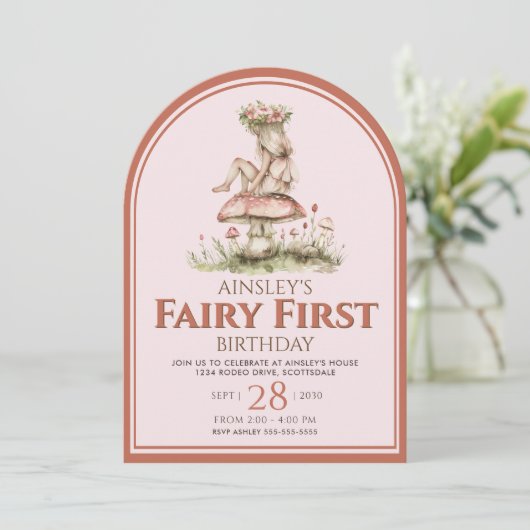 Roze en Rode Sprookje Eerste Boog 1e Verjaardagsfe Kaart (Staand voorkant)