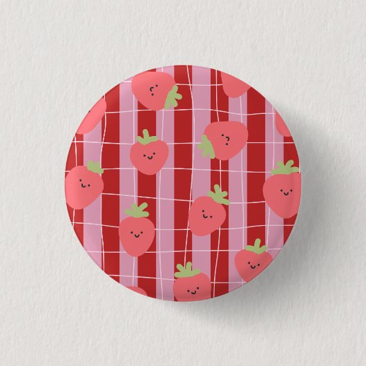 Roze en rode strepen, met aardbeien ronde button 3,2 cm (Voorkant)