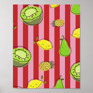 Roze en rode strepen met fruitpatroon poster