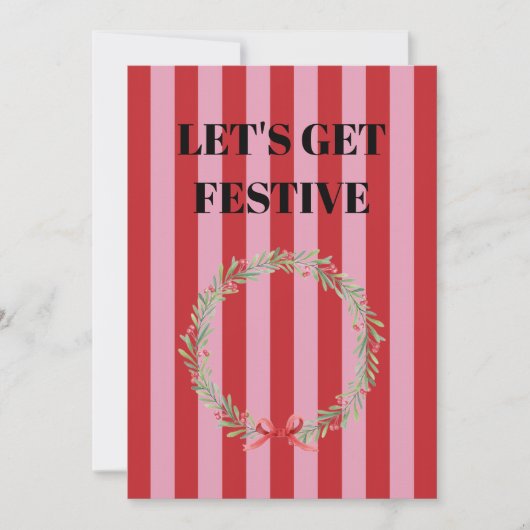Roze en rode strepen met Kerstkrans Kaart (Voorkant)
