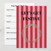 Roze en rode strepen met Kerstkrans Kaart (Voorkant / Achterkant)